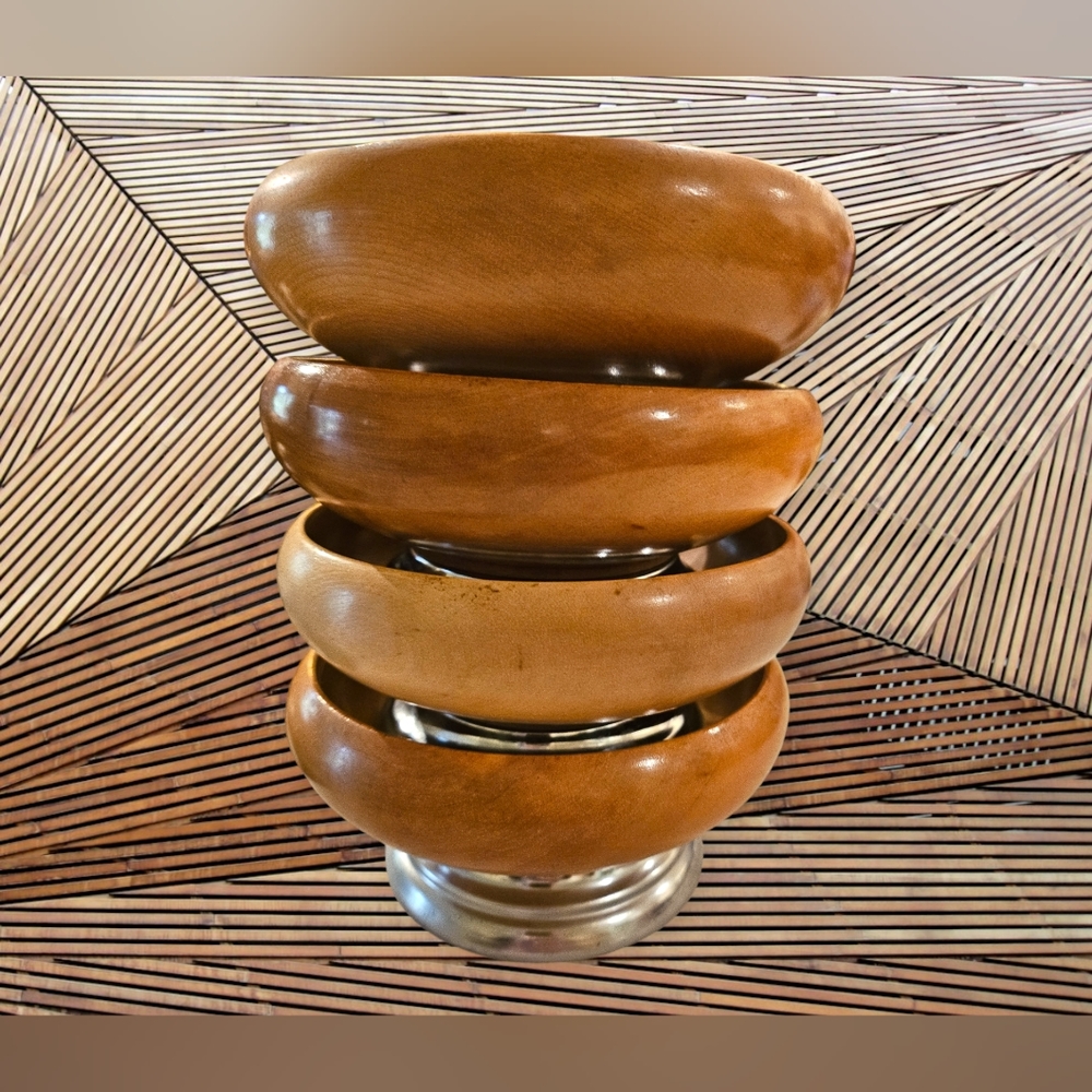 Vintage MCM 1960's Hellerware Set of 4 Wood and Chrome Salad Bowls